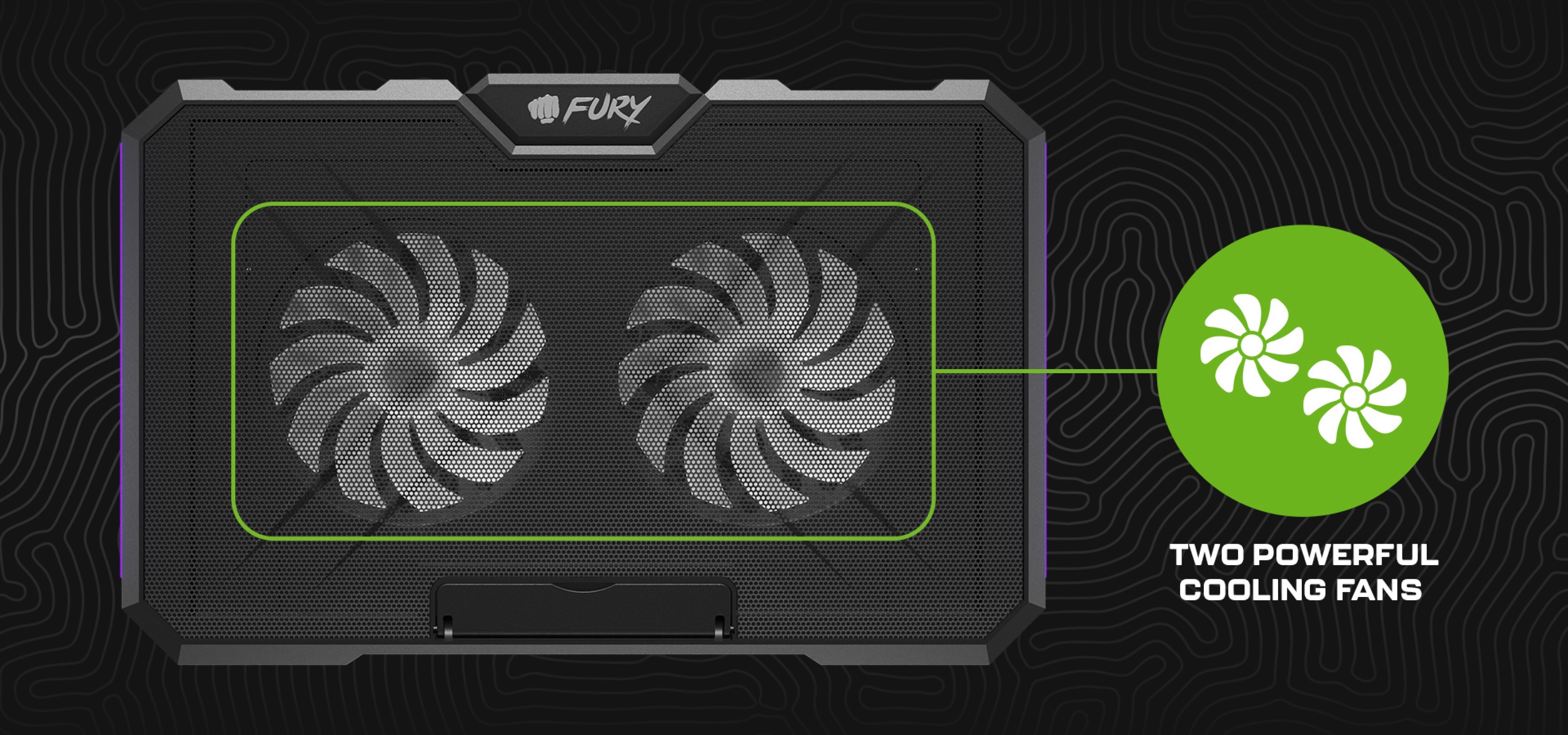 Cooling pad with a mesh design and two large swirling fans for enhanced airflow.