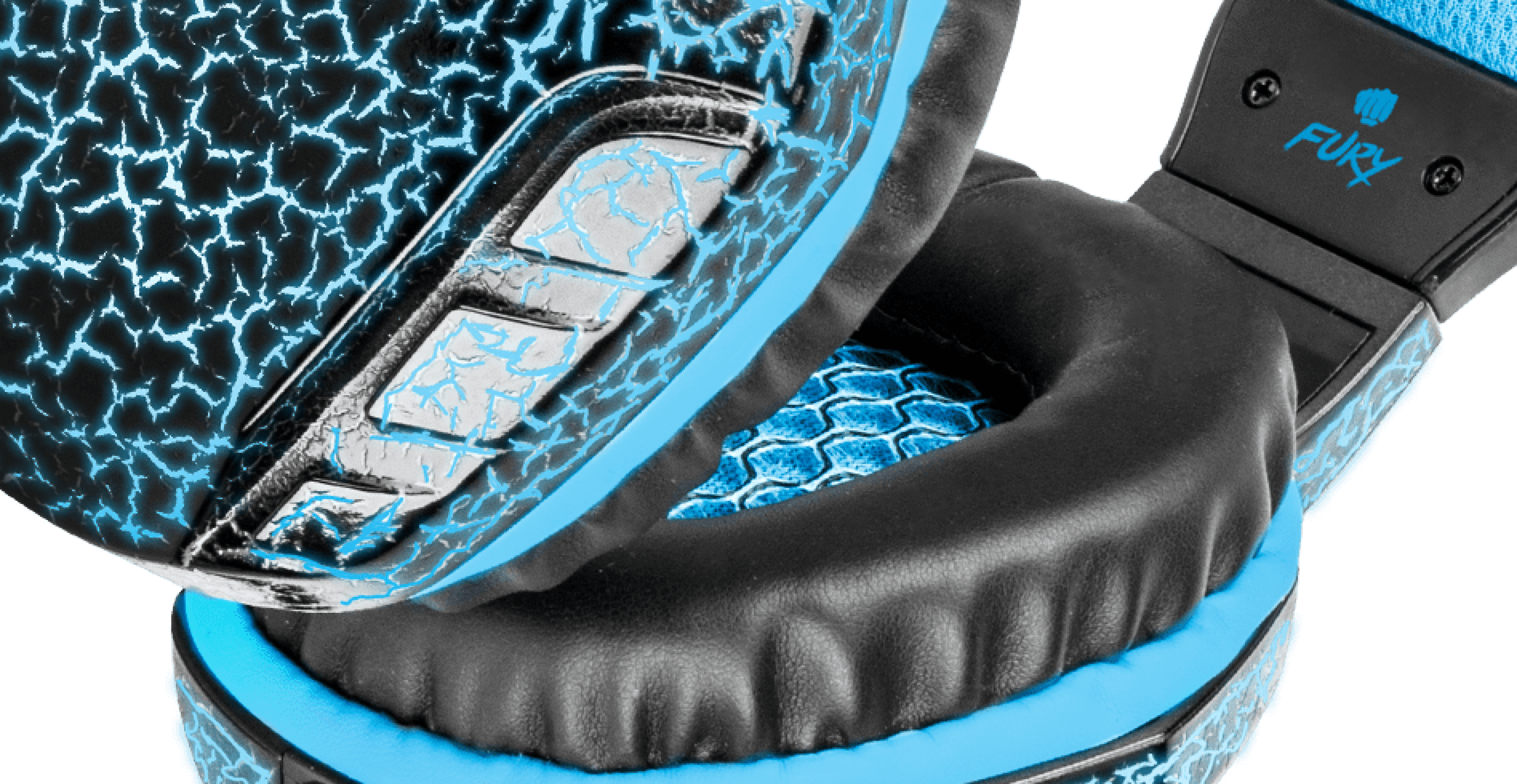 Close-up of black and blue Fury Hellcat over-ear headphones featuring a microphone and vibrant lighting effects