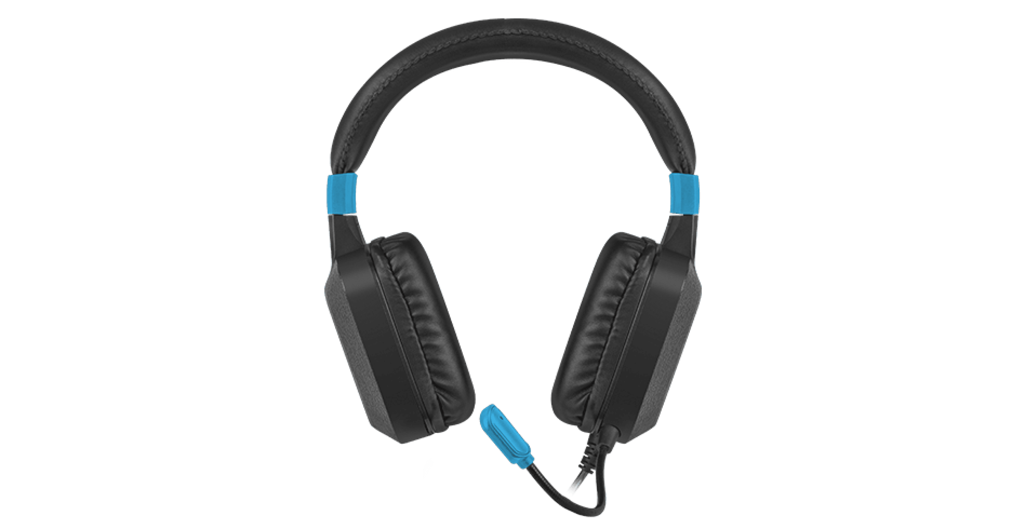 Black and blue wired over-ear headphones with a microphone and RGB lighting features