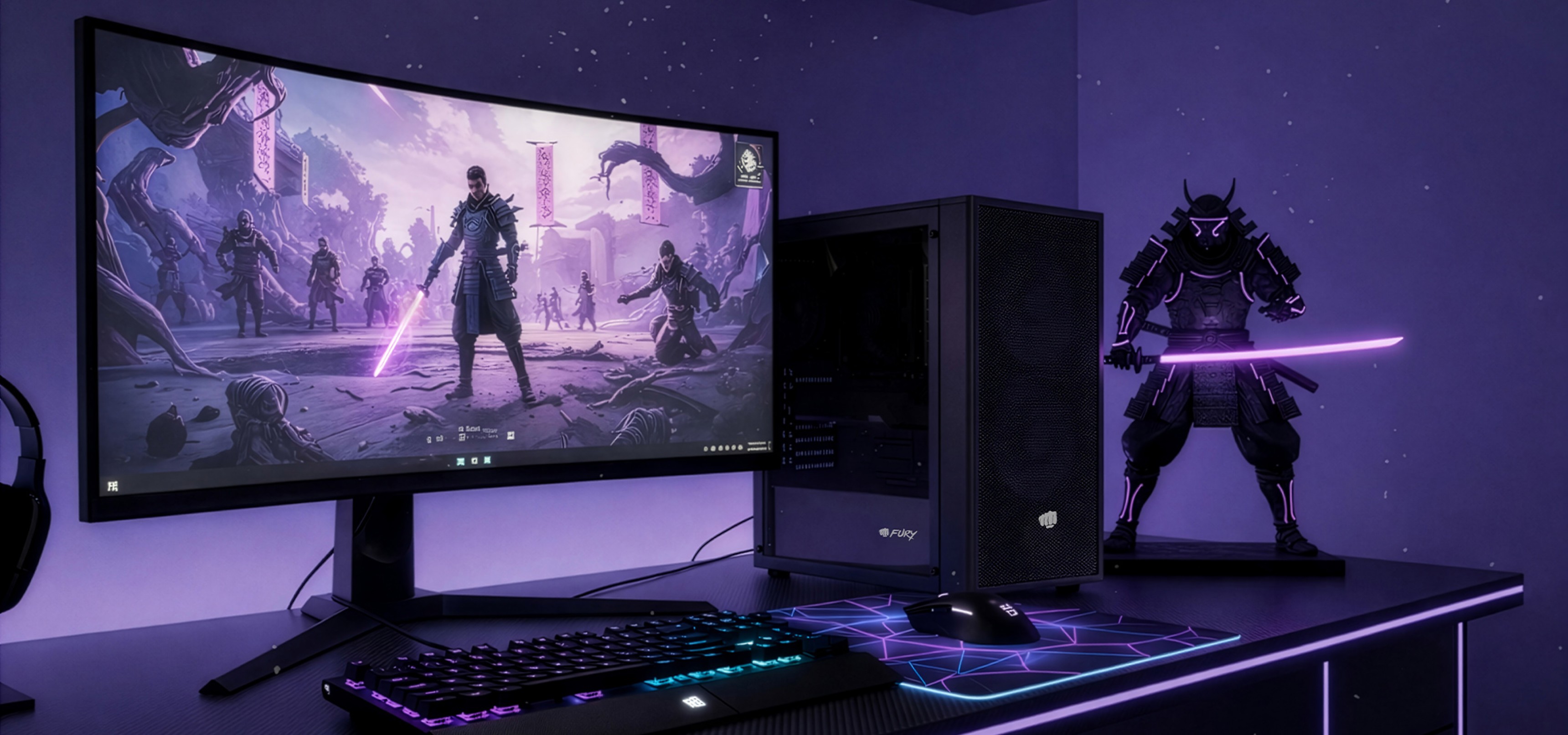 Desktop setup featuring a curved monitor, gaming keyboard, and a samurai figure with a sword.