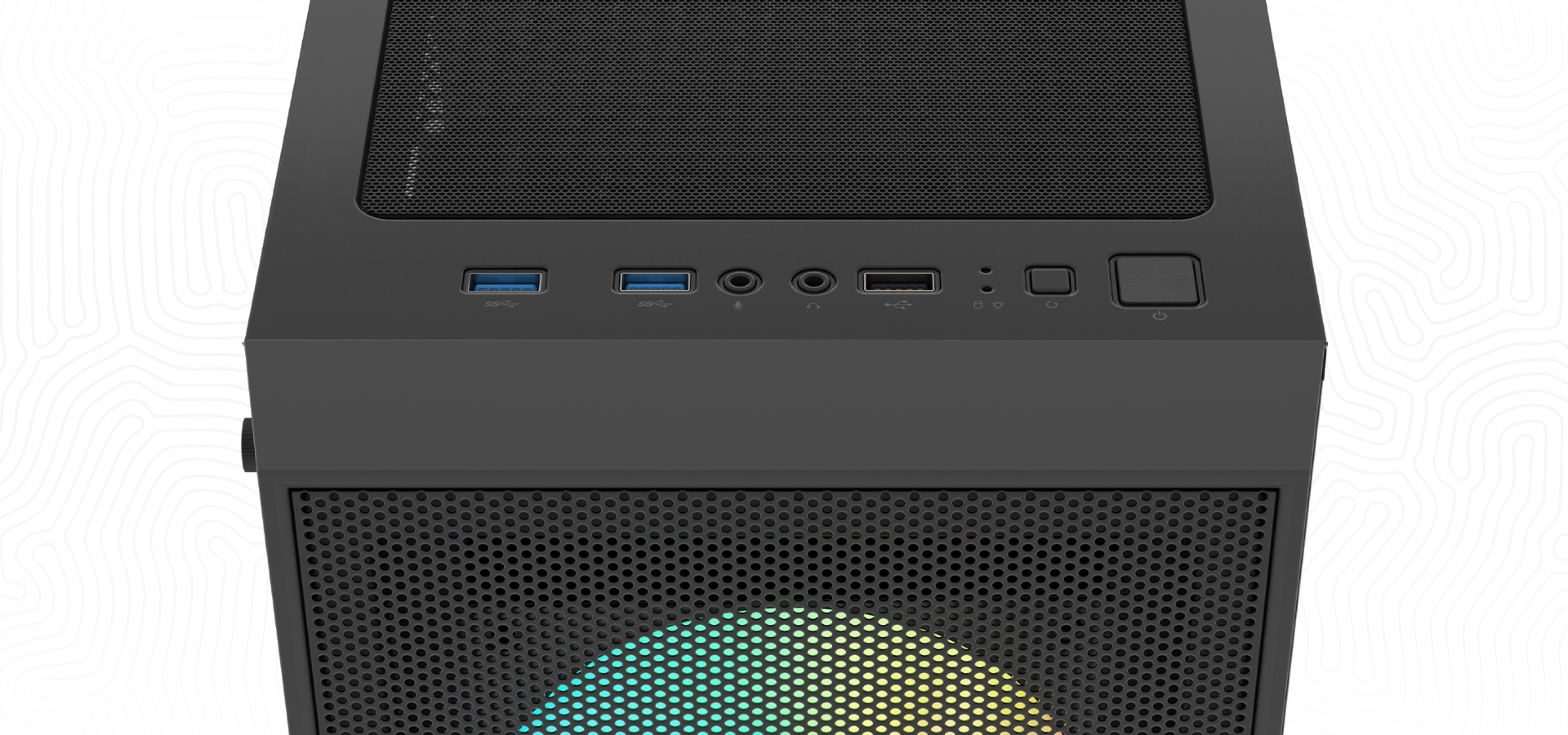 Compact computer case with various ports and a colorful circular light on the front.