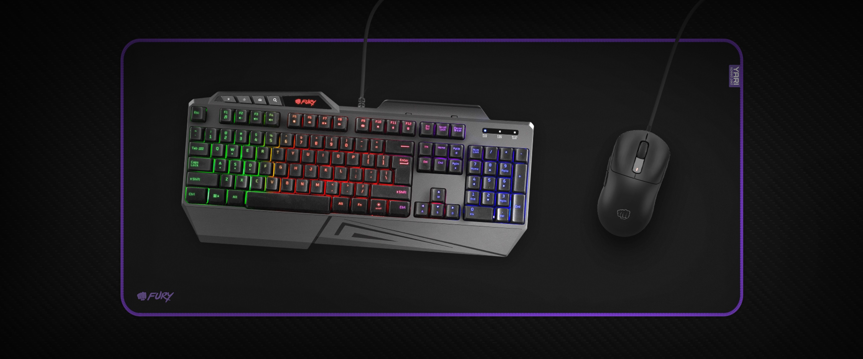 Large black mouse pad with a textured finish, featuring a gaming keyboard and mouse on top. Dimensions: 980x400mm