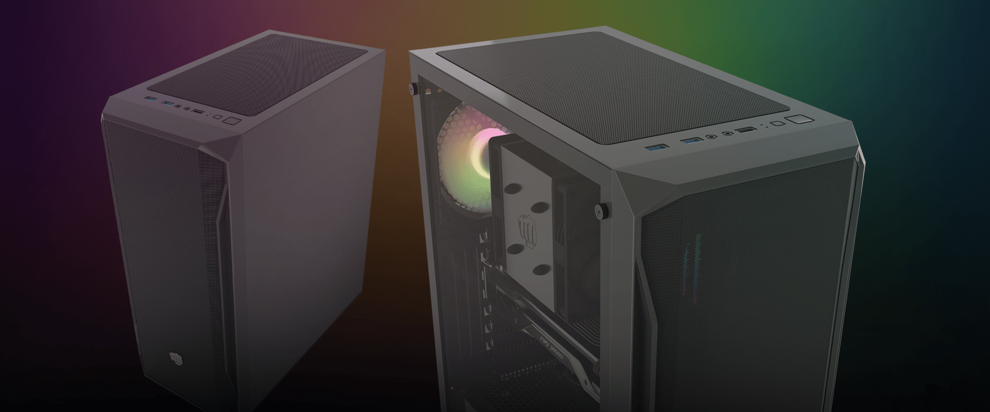 Black RGB MIDI tower case with a transparent window, showcasing internal components and colorful lighting effects