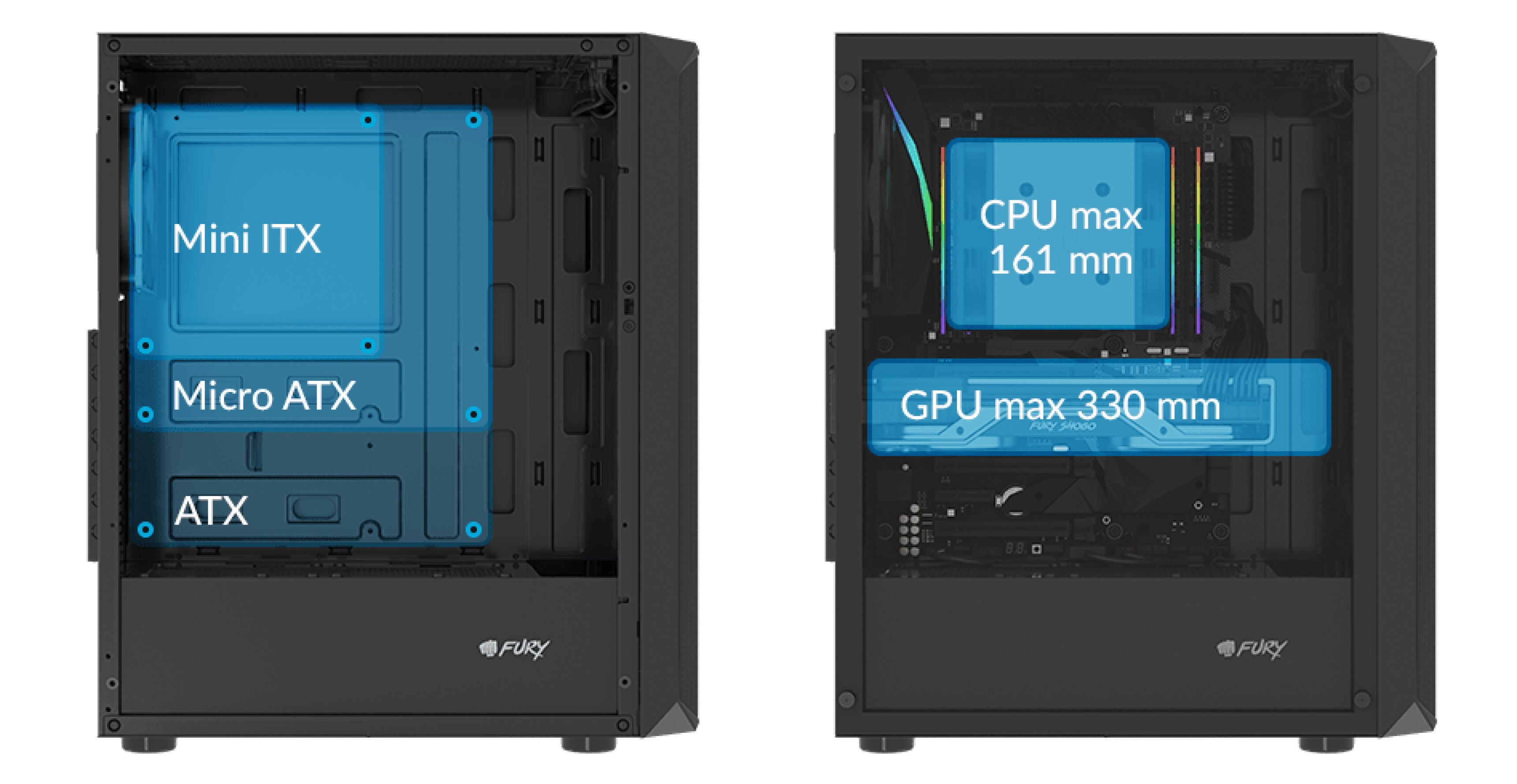 Black MIDI tower PC case with a transparent side panel, showcasing internal dimensions for Mini ITX, Micro ATX, and ATX motherboards