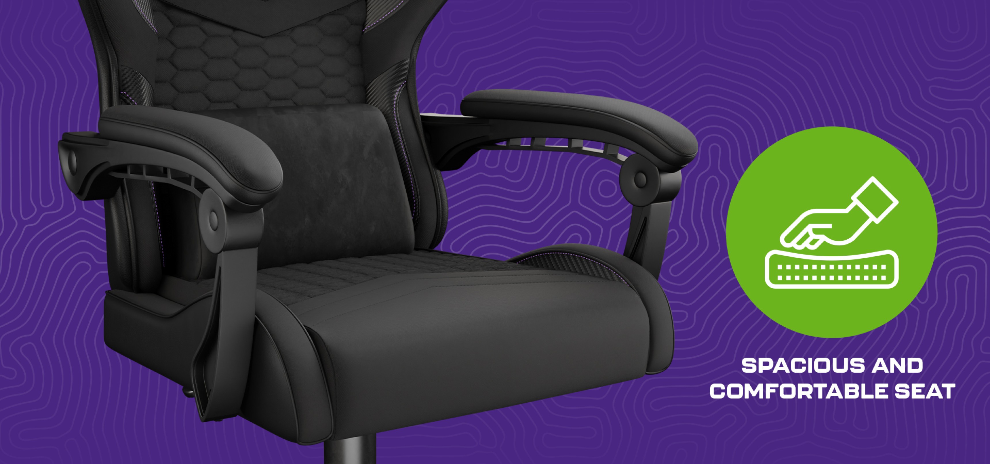 Office chair with a wide seat and ergonomic armrests on a vibrant purple background.
