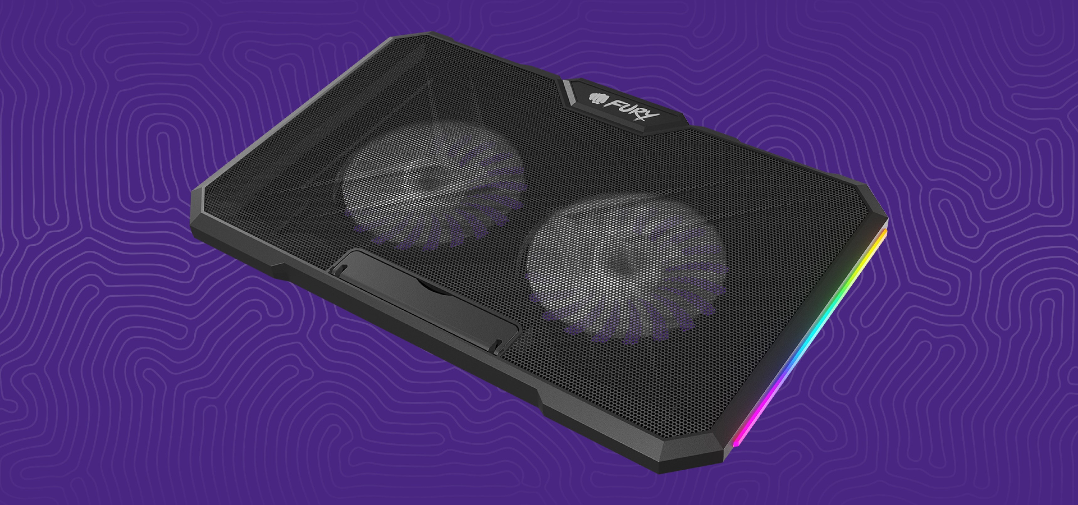 Cooling pad with dual fans and vibrant light on the edge, designed for laptops.