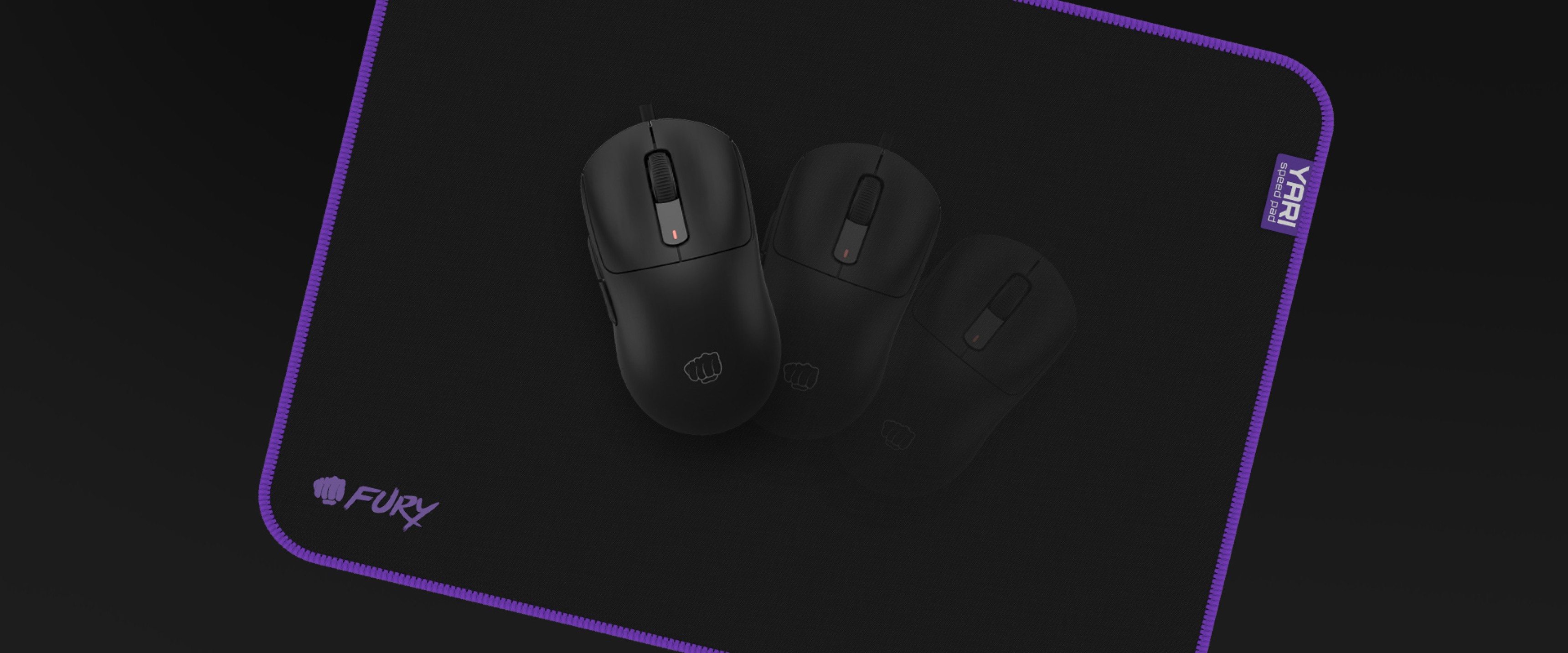 Black gaming mouse pad with a textured surface, featuring the Fury logo and surrounded by a purple border, measuring 400x300mm