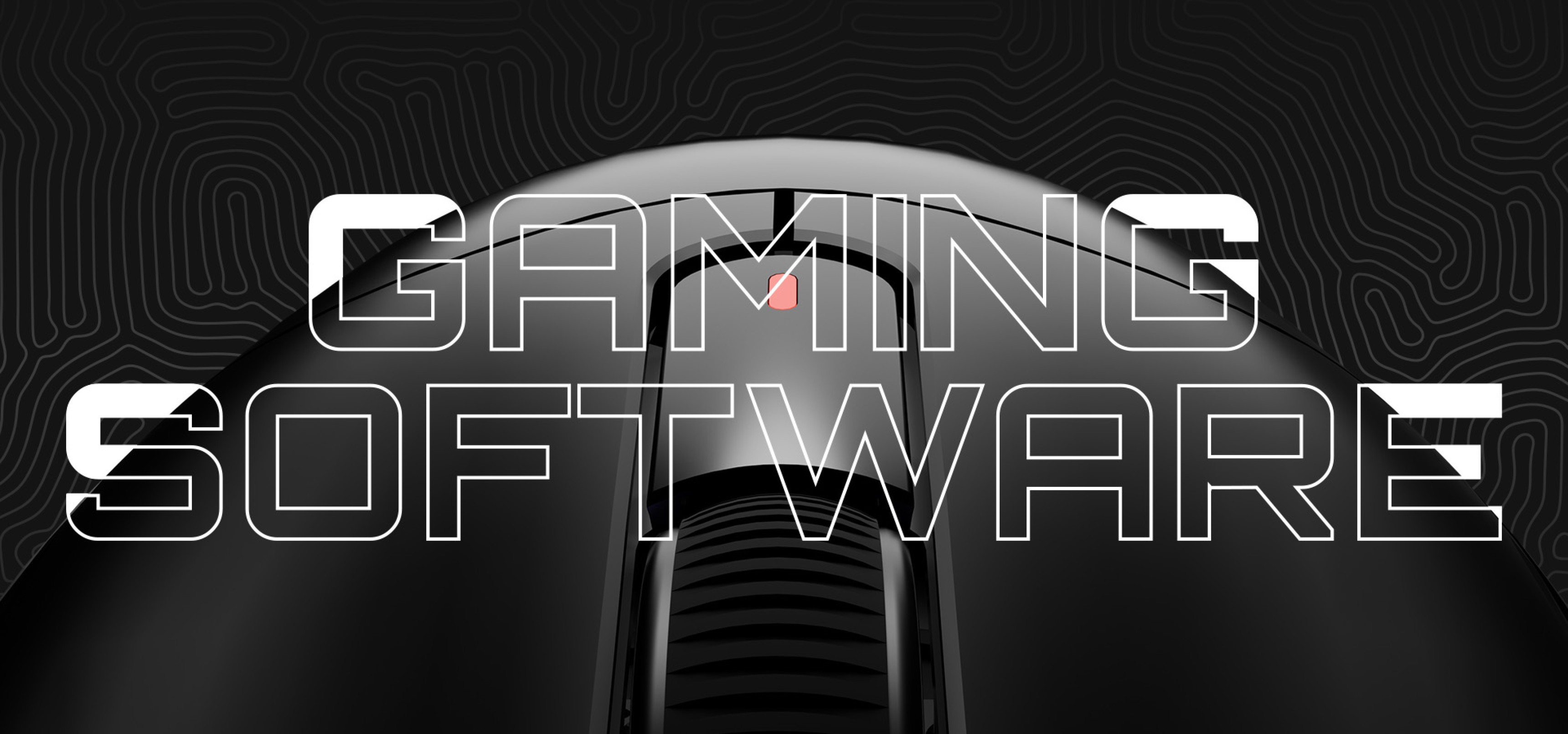 Black wireless gaming mouse with a sleek design, featuring a red accent and on-screen text reading "Gaming Software."