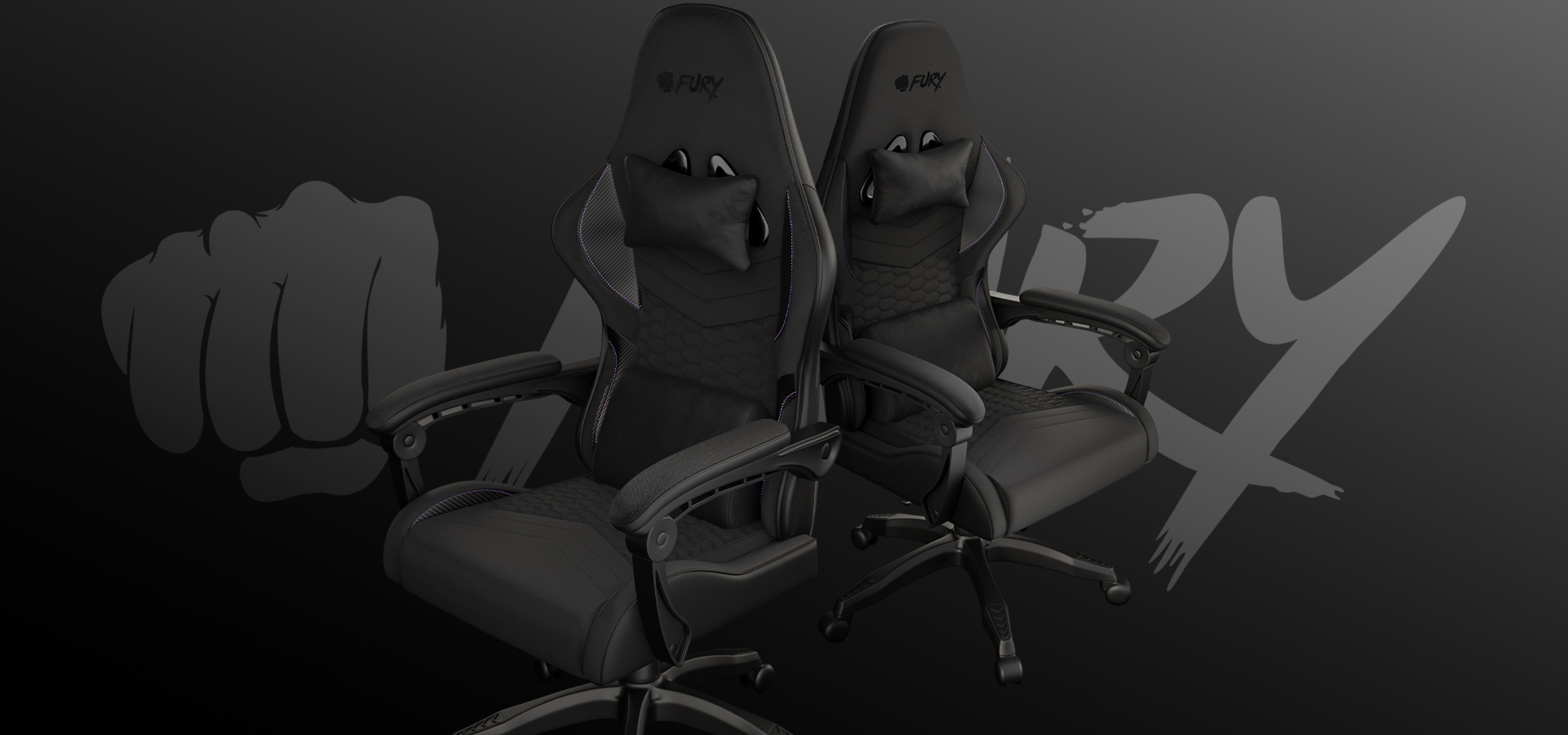 Two ergonomic black gaming chairs with headrests on a dark background.