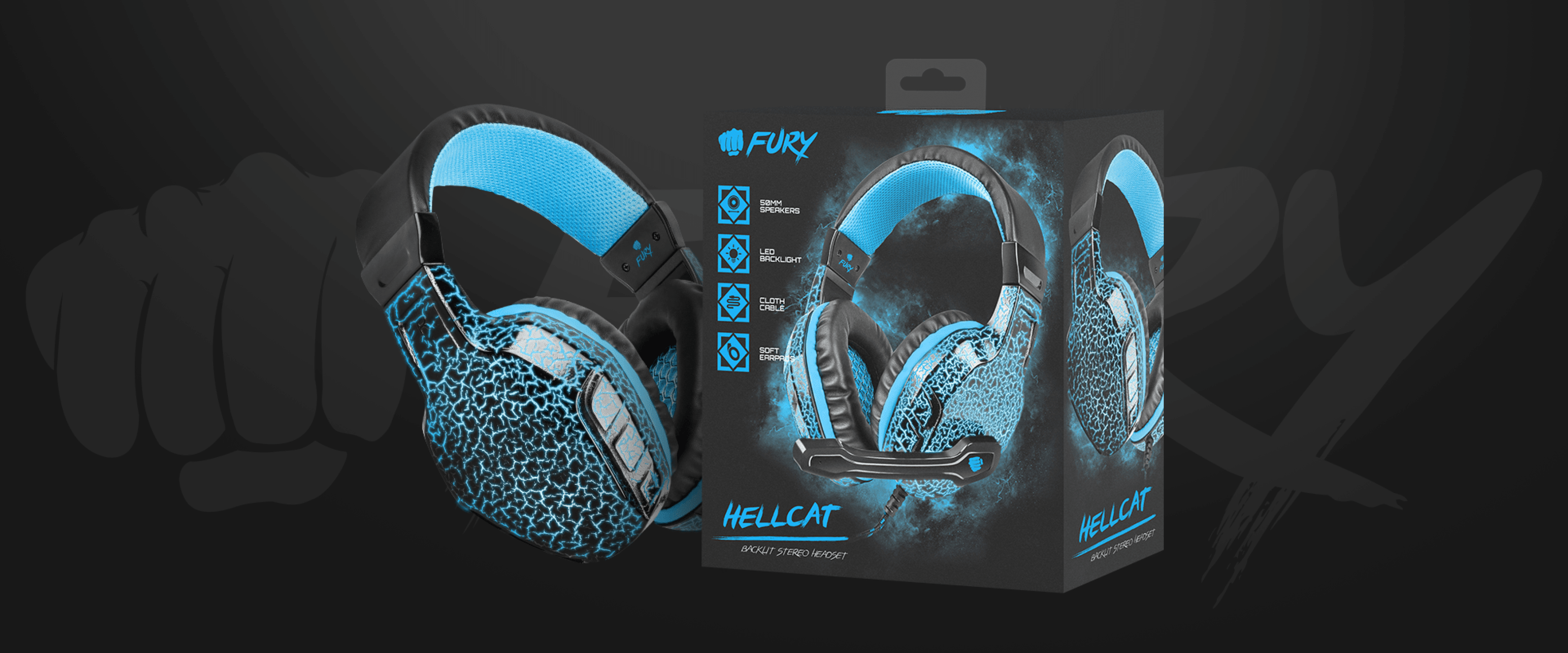 Black and blue Fury Hellcat over-ear headphones with a microphone, displayed with its packaging