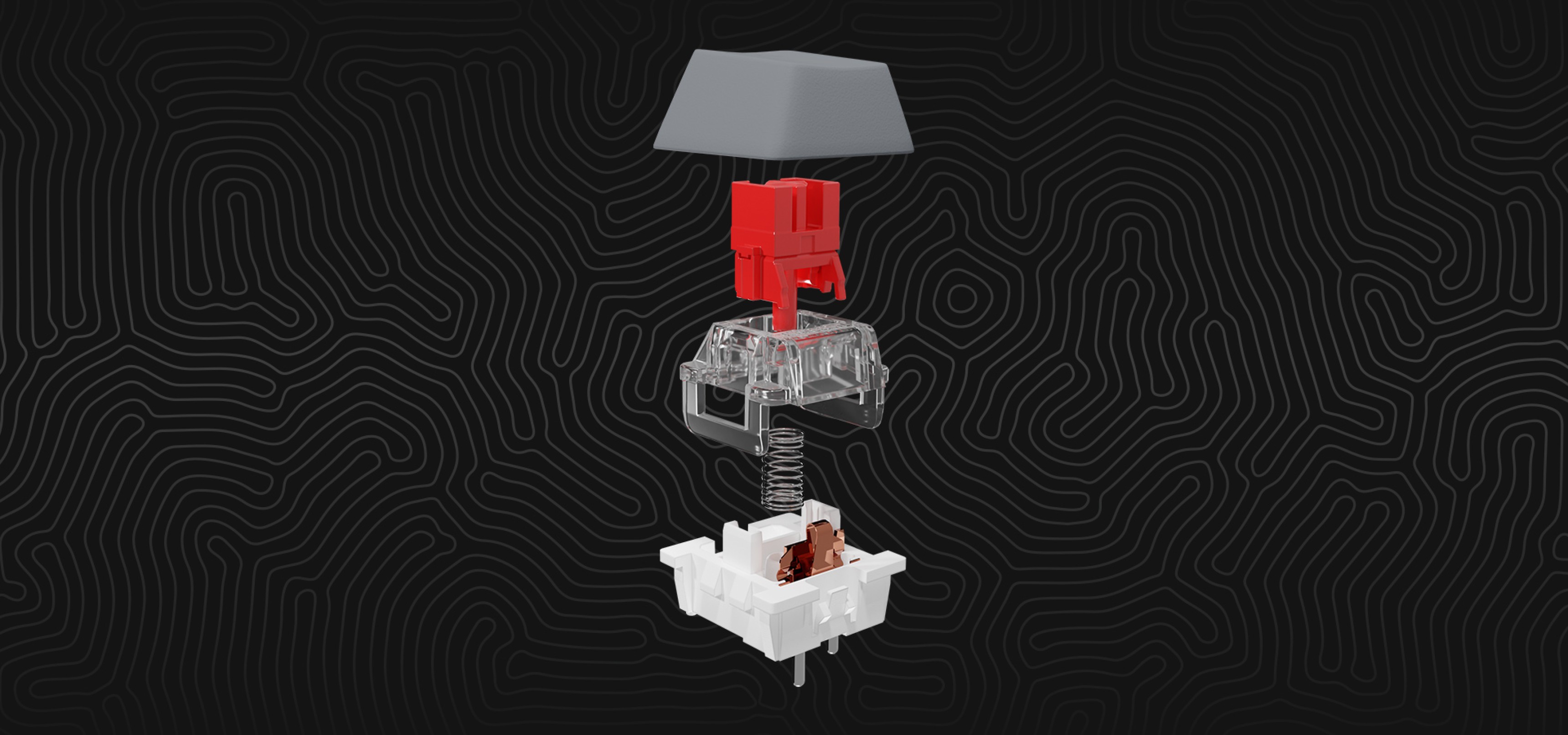 Exploded view of a mechanical key switch with multiple colorful components and a spring.