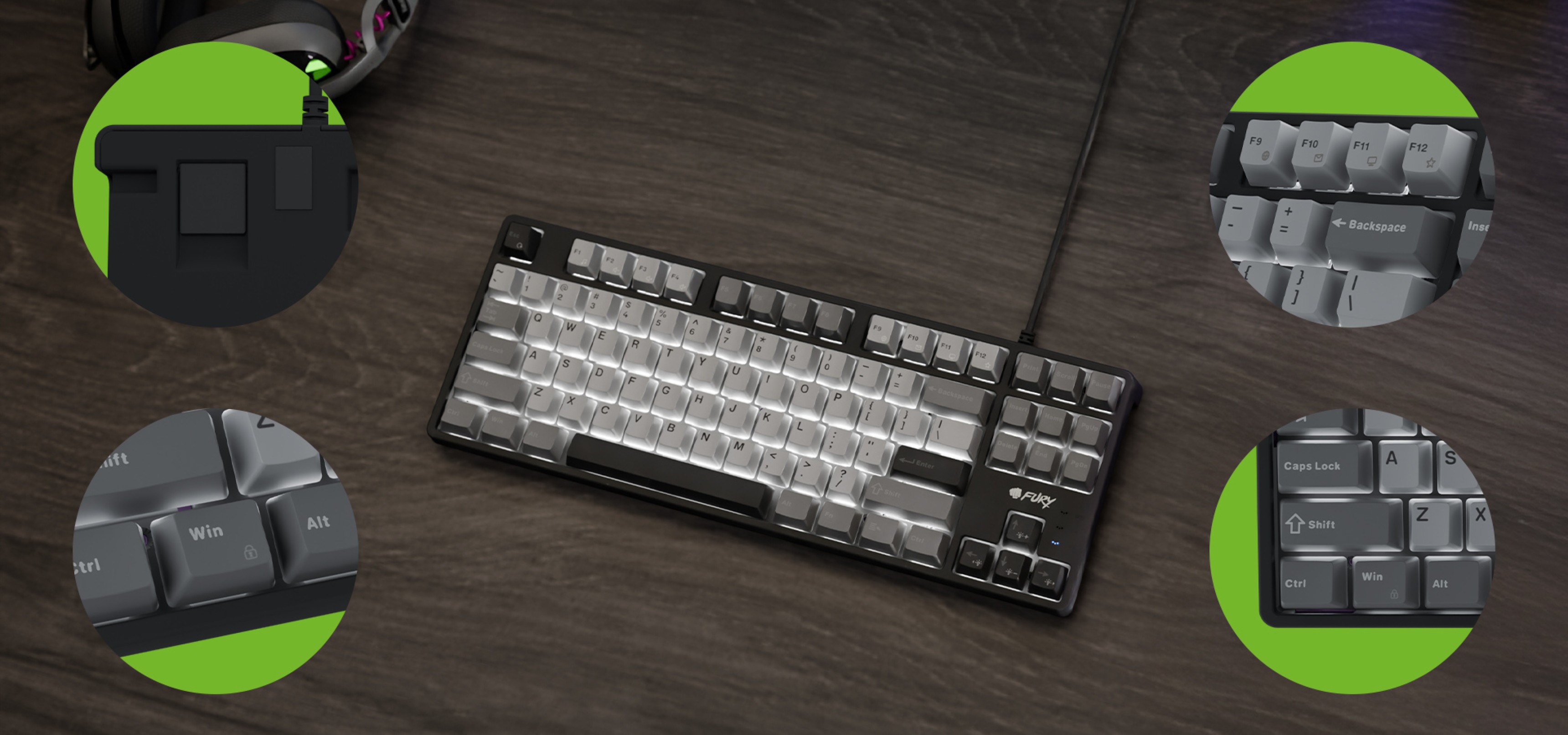 Wired keyboard with a compact design and a mix of light and dark keycaps.