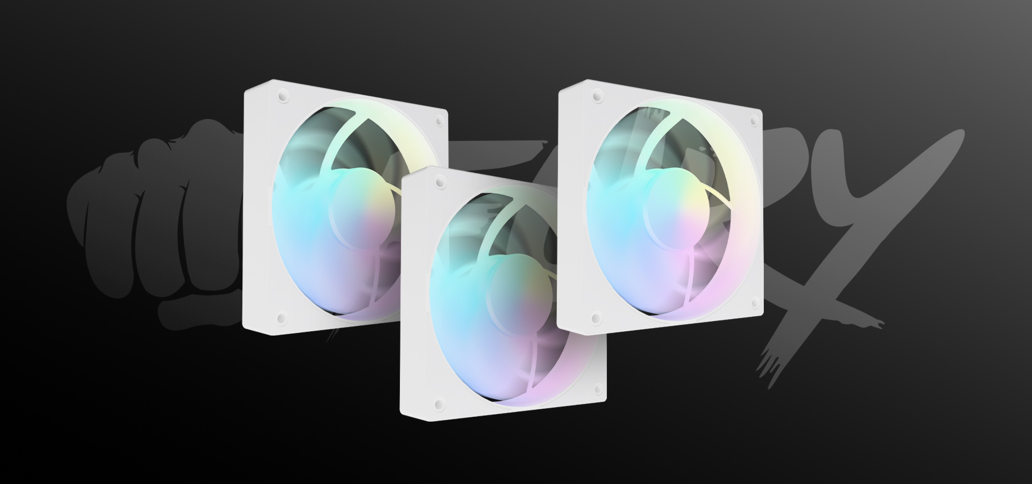 Three cooling fans with a rainbow light effect and white frames arranged in a group.