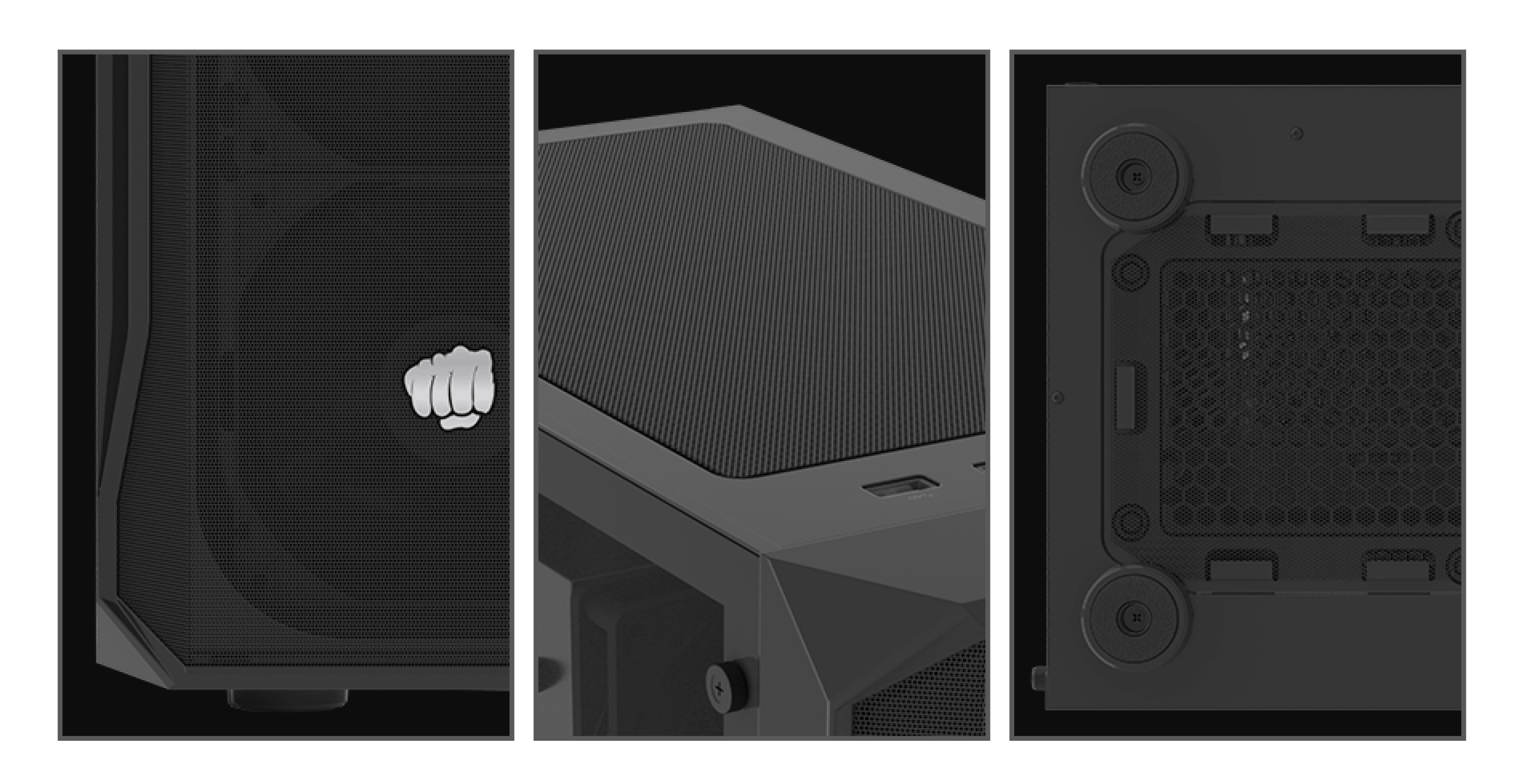Black MIDI tower case with a window, featuring a distinctive design on the front panel, a mesh top, and ventilation at the bottom