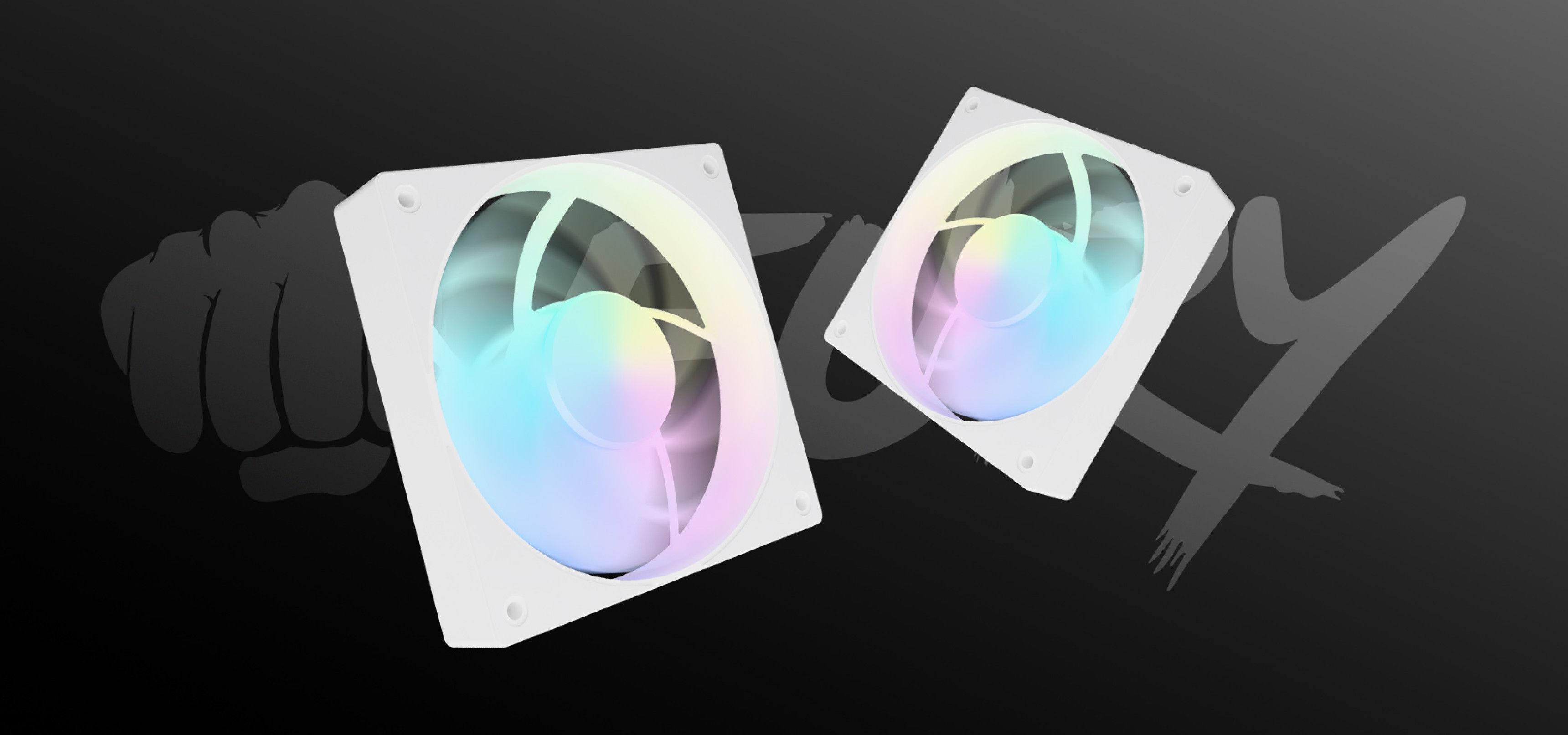 Two computer cooling fans with colorful light effects and white frames.