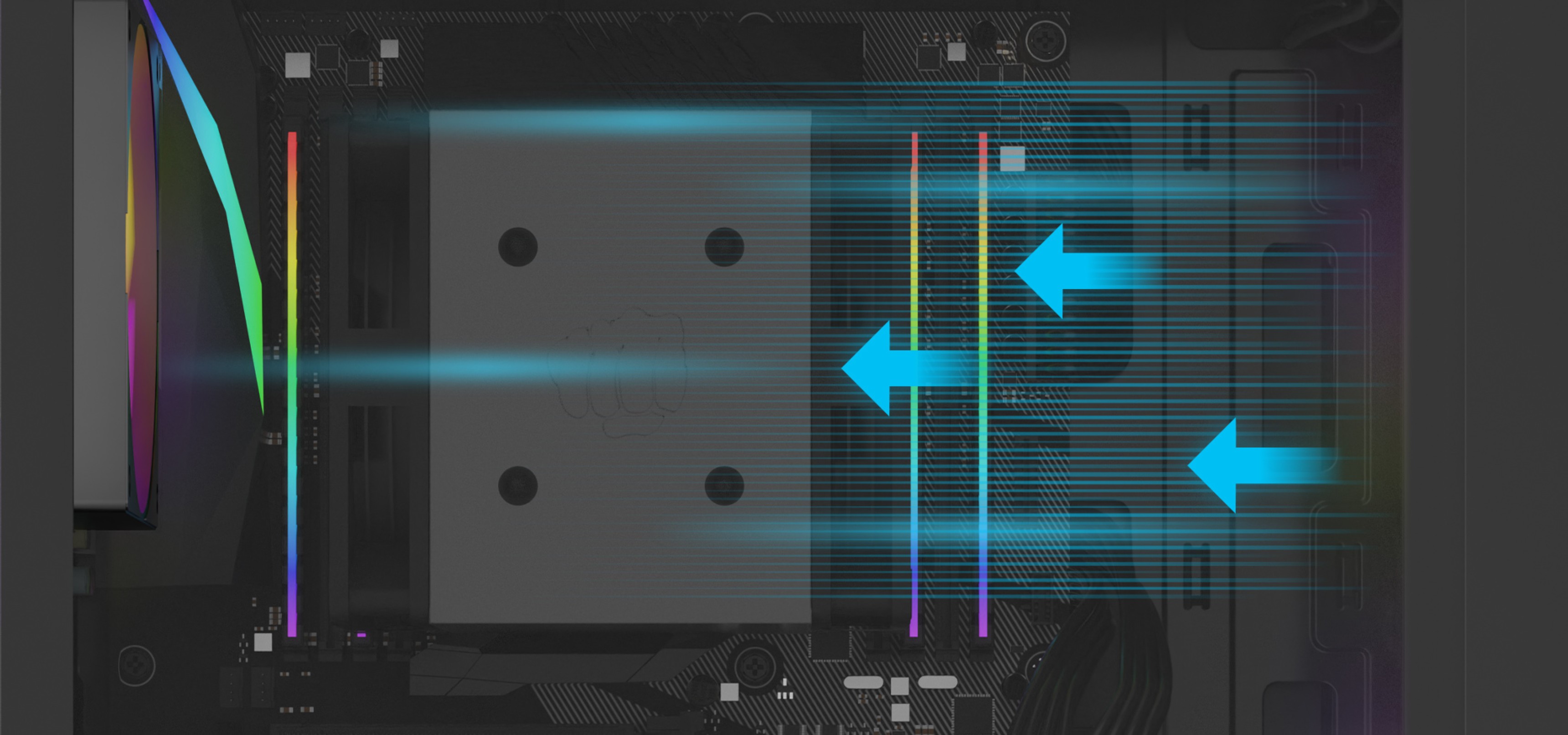 Computer case interior displaying components with airflow arrows and colorful lighting.