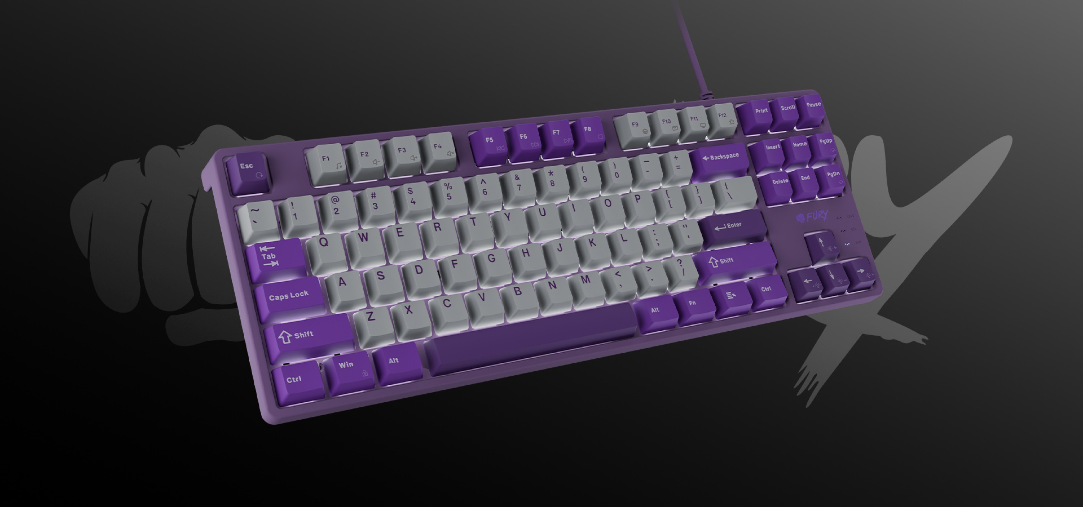 Purple keyboard with gray and purple keys arranged in a standard layout.