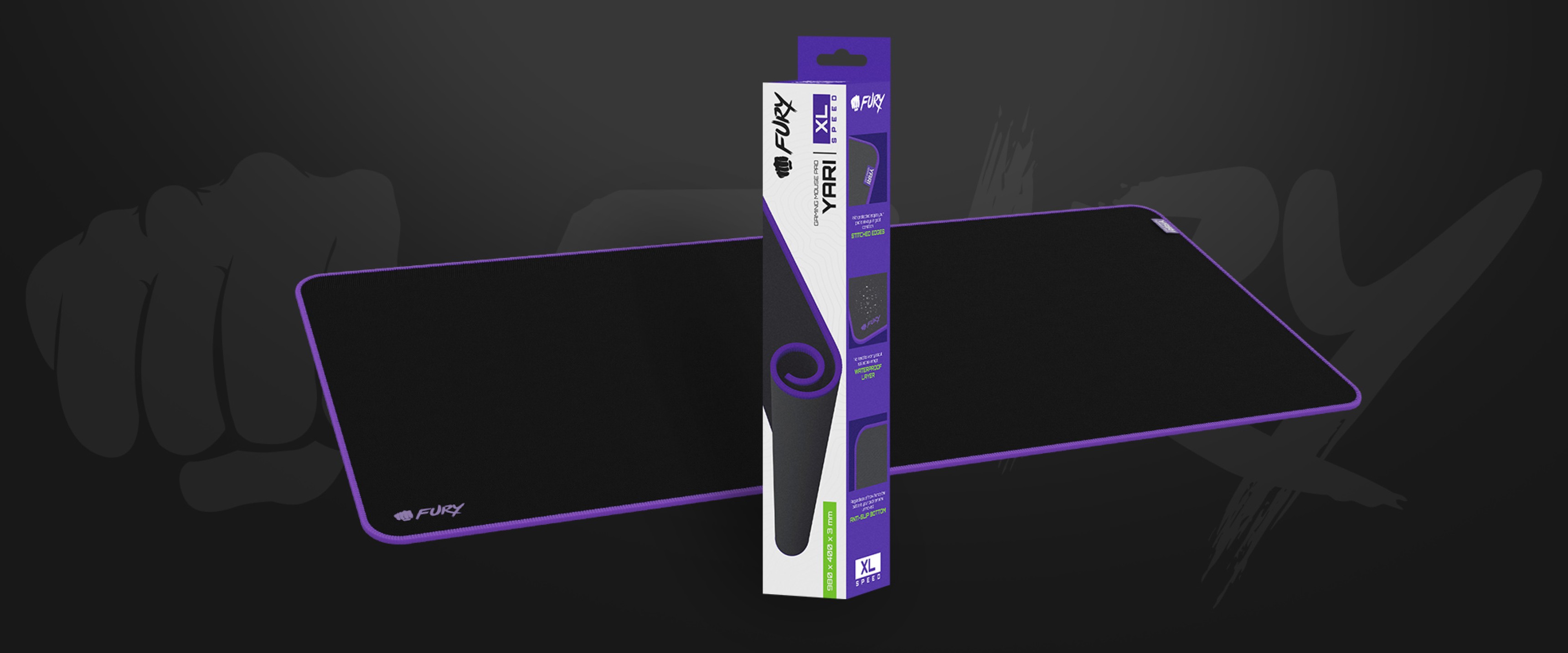 Black Fury Yari Speed XL mouse pad, measuring 980x400mm, displayed next to its packaging on a dark background
