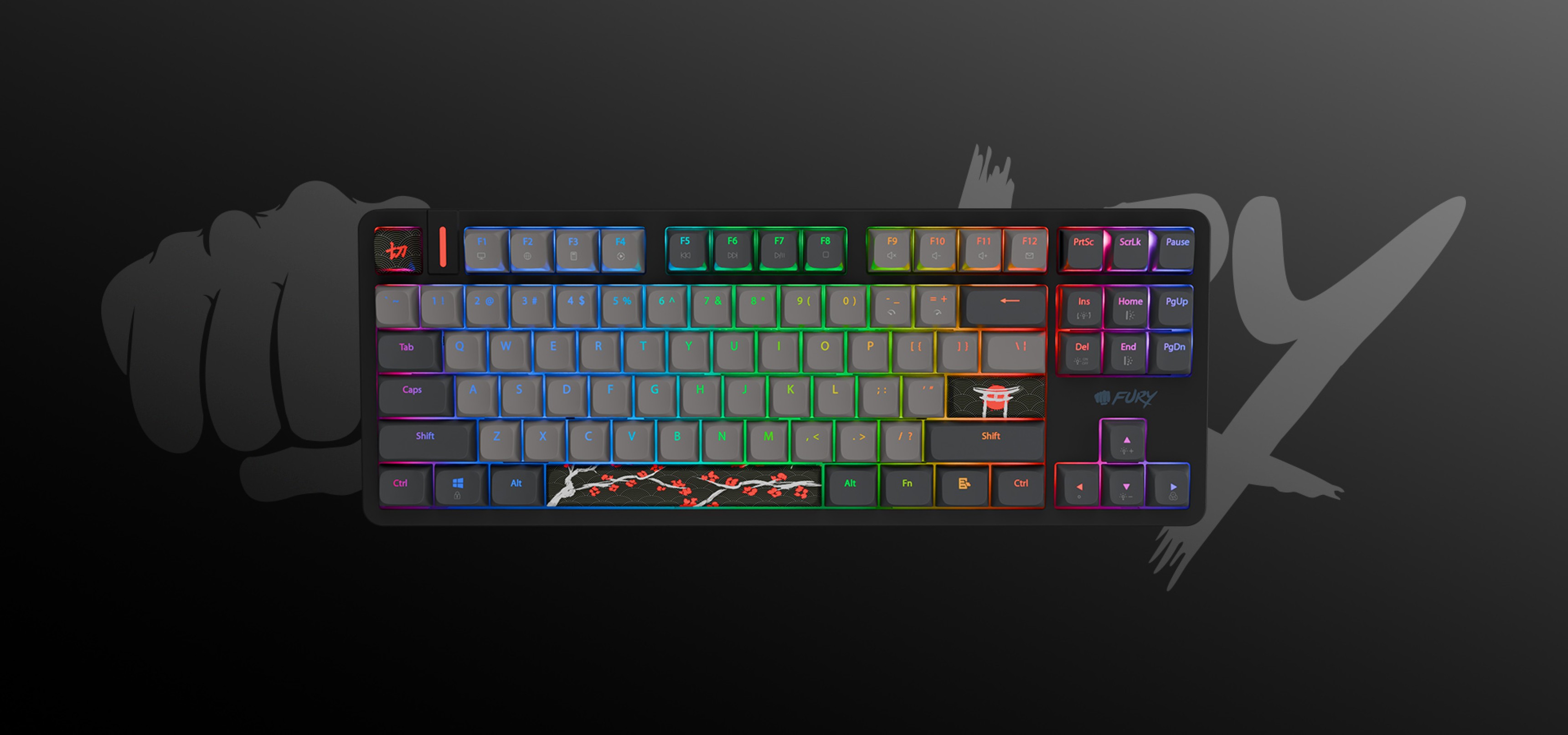 Keyboard with colorful backlighting and a unique design featuring a broken effect.