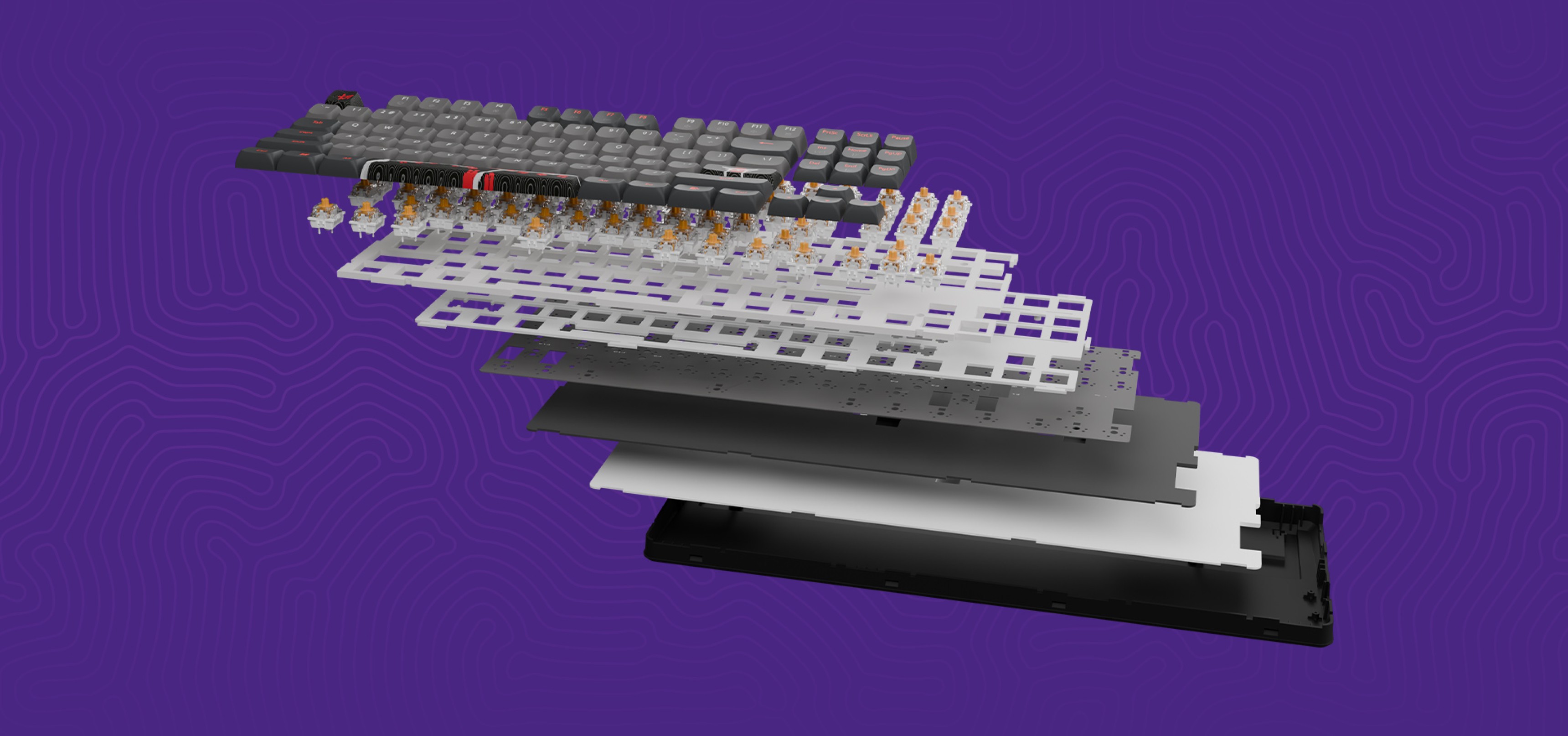 Exploded view of a mechanical keyboard showing keys, switches, and layers.