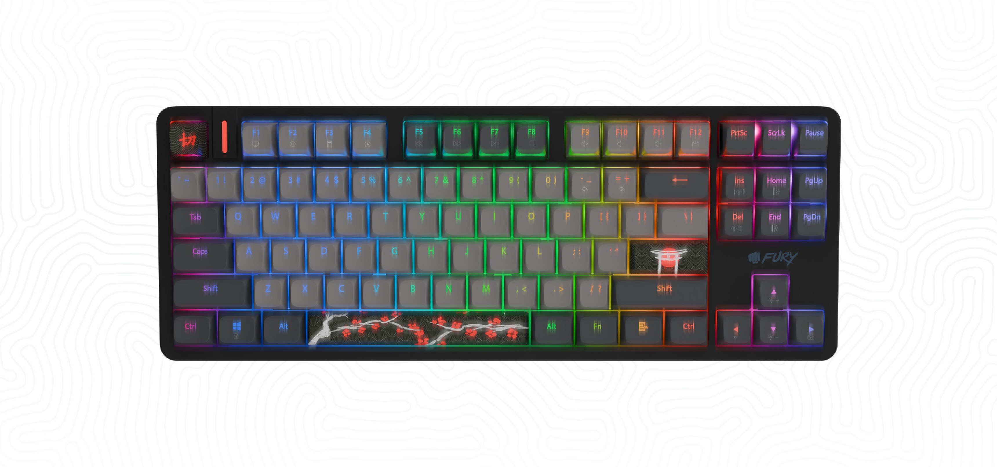 Keyboard with colorful backlighting and a unique design on the spacebar key.